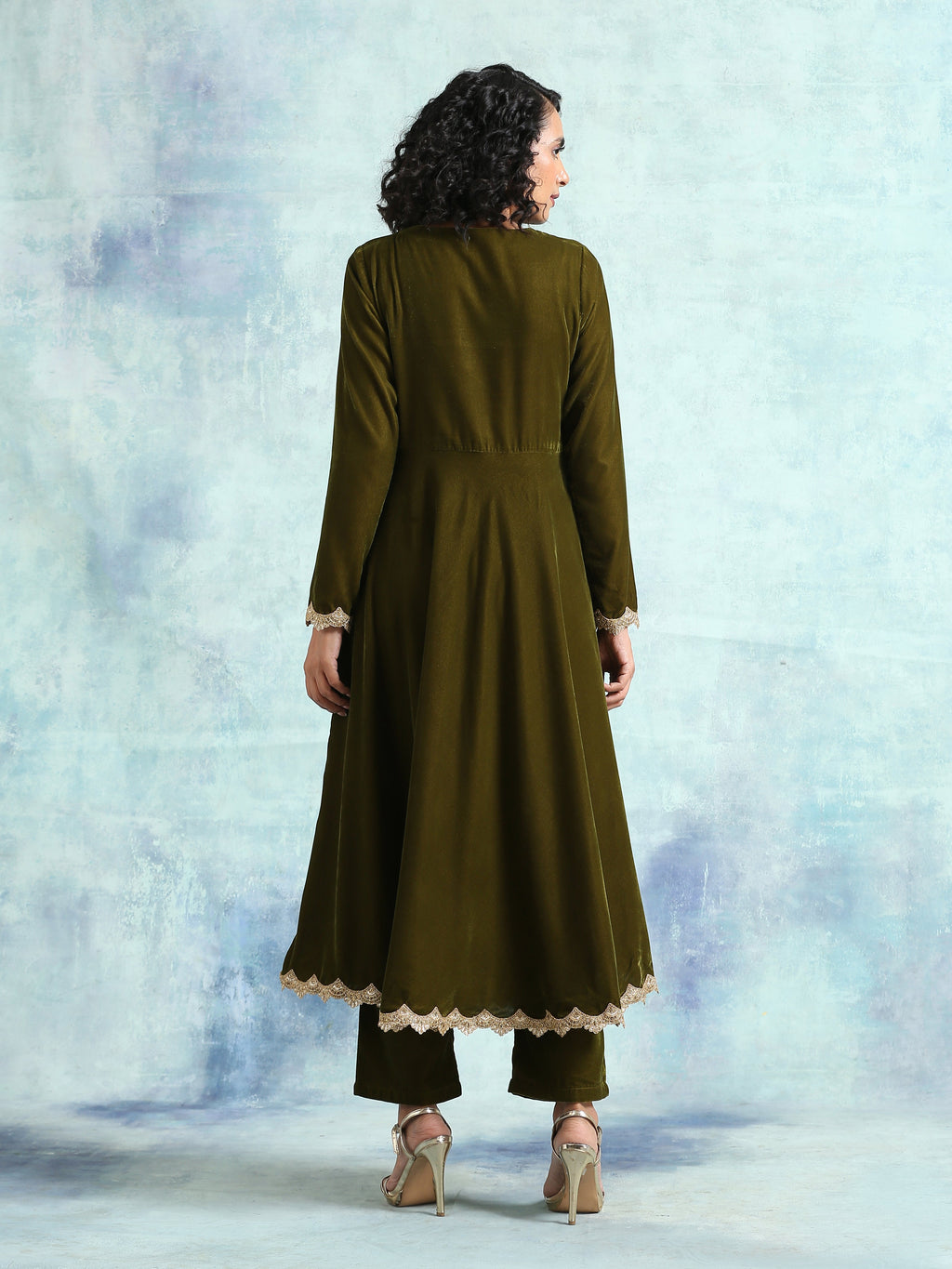 trueBrowns Mehandi Velvet Anarkali Kurta