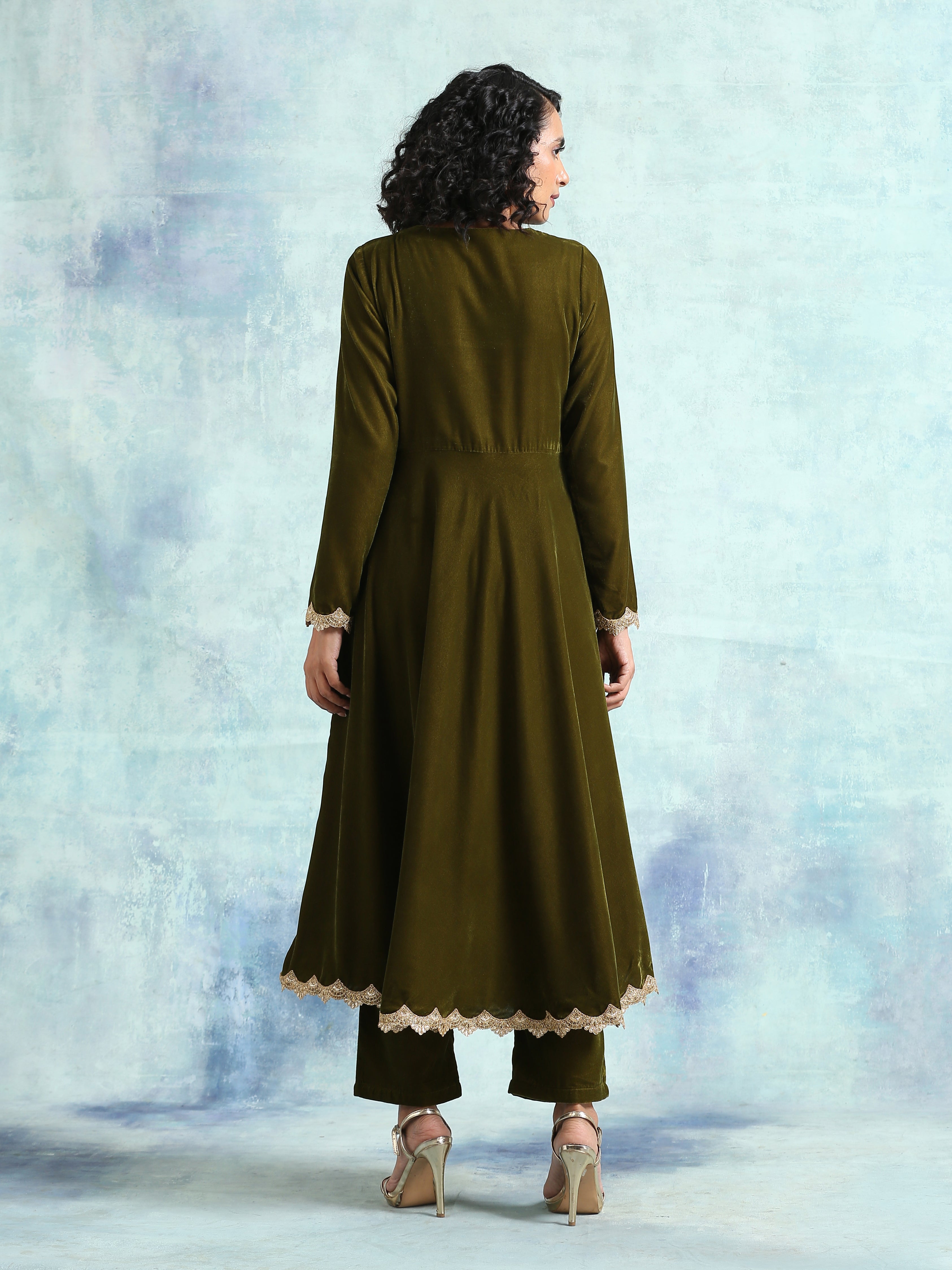 trueBrowns Mehandi Velvet Anarkali Kurta