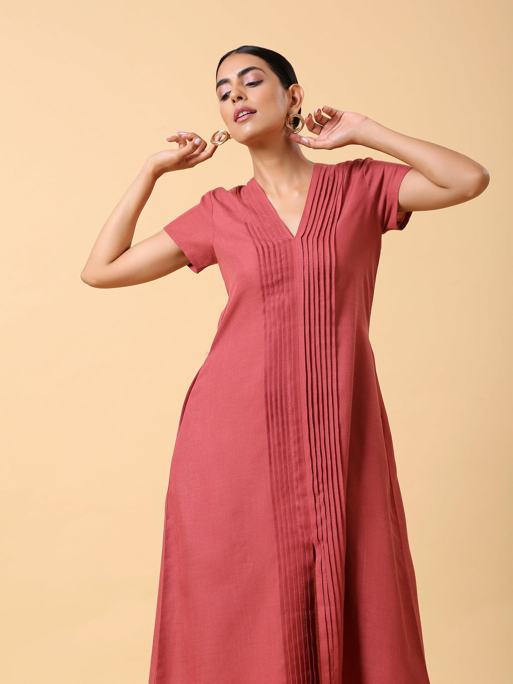 trueBrowns Cotton Linen Rust Red Pleated Dress
