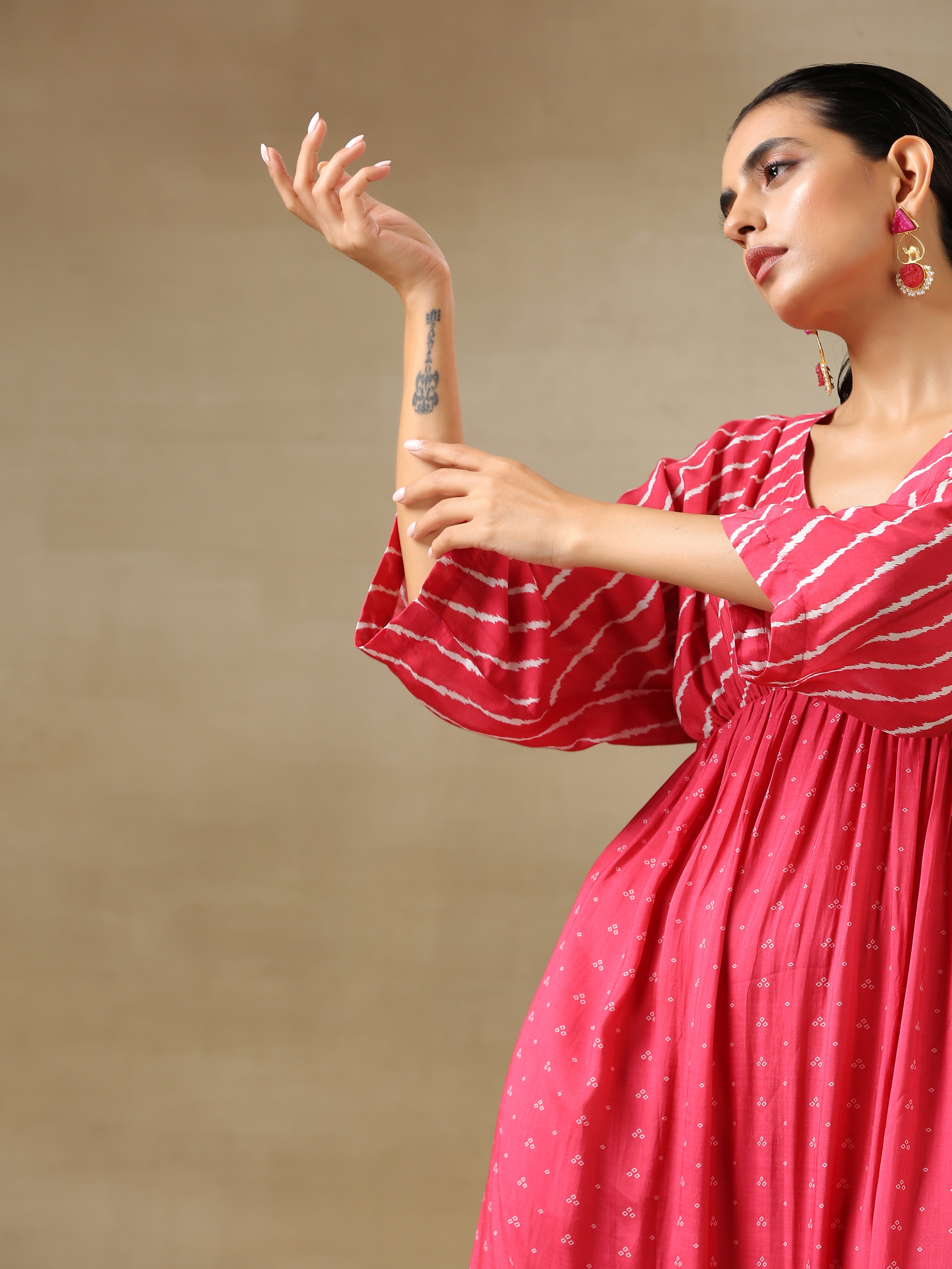 trueBrowns Pink Bandhani Printed Silk Drop Shoulder Dress
