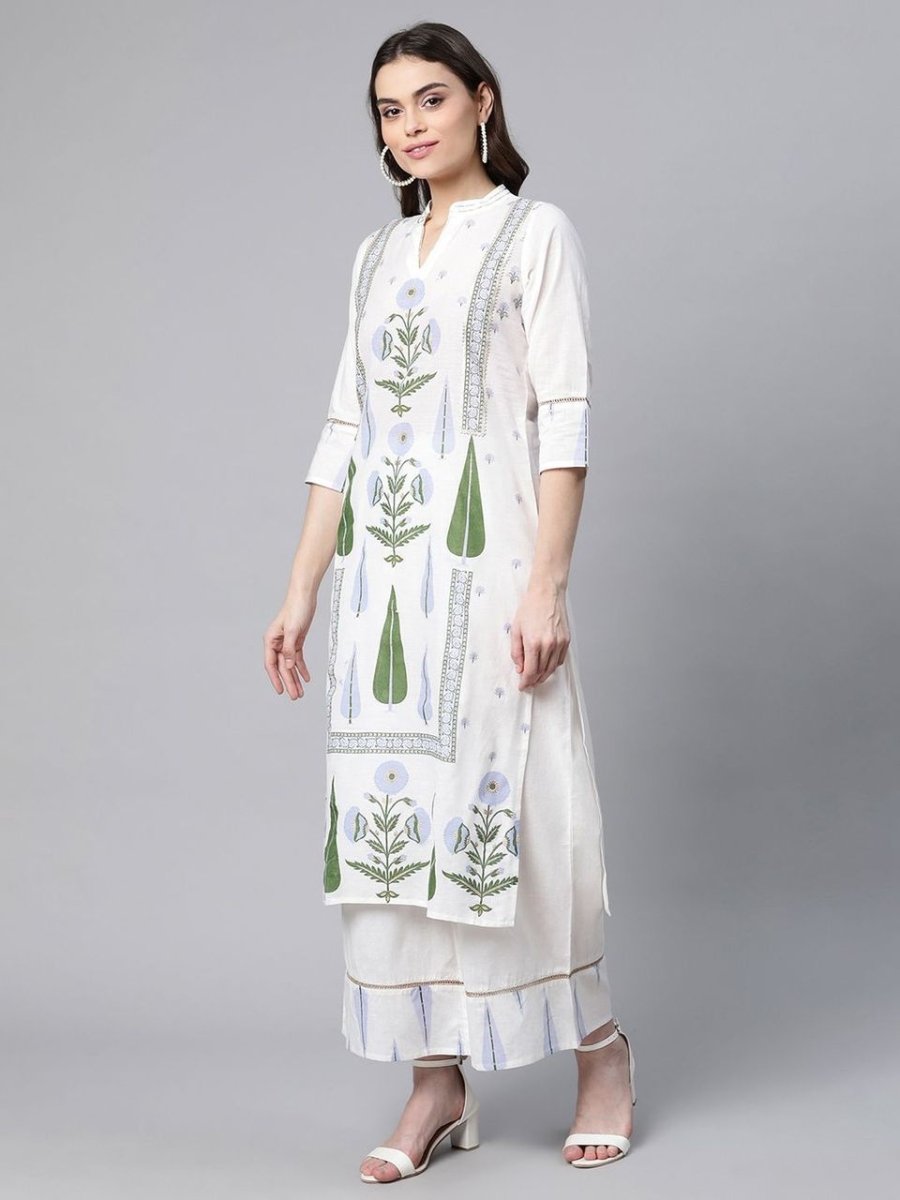 Ahalyaa Women Off White Colour Pure Cotton Printed Kurta Palazzo Set With Dupatta