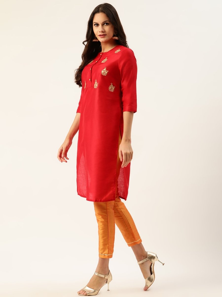 All About You Women Red & Orange Embroidered Yoke Design Kurta set with Dupatta