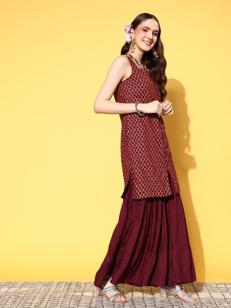 All About You Women Maroon Ethnic Motifs Printed Kurti with Fusion Bottoms & With Dupatta