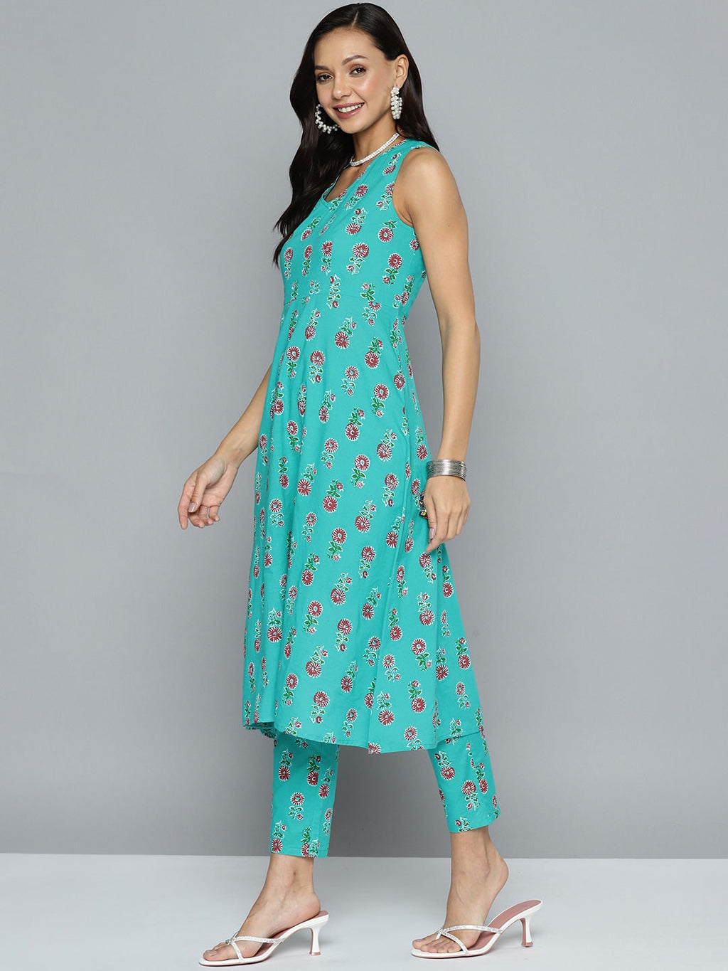 HERE&NOW Floral Printed Pure Cotton Kurta with Trousers