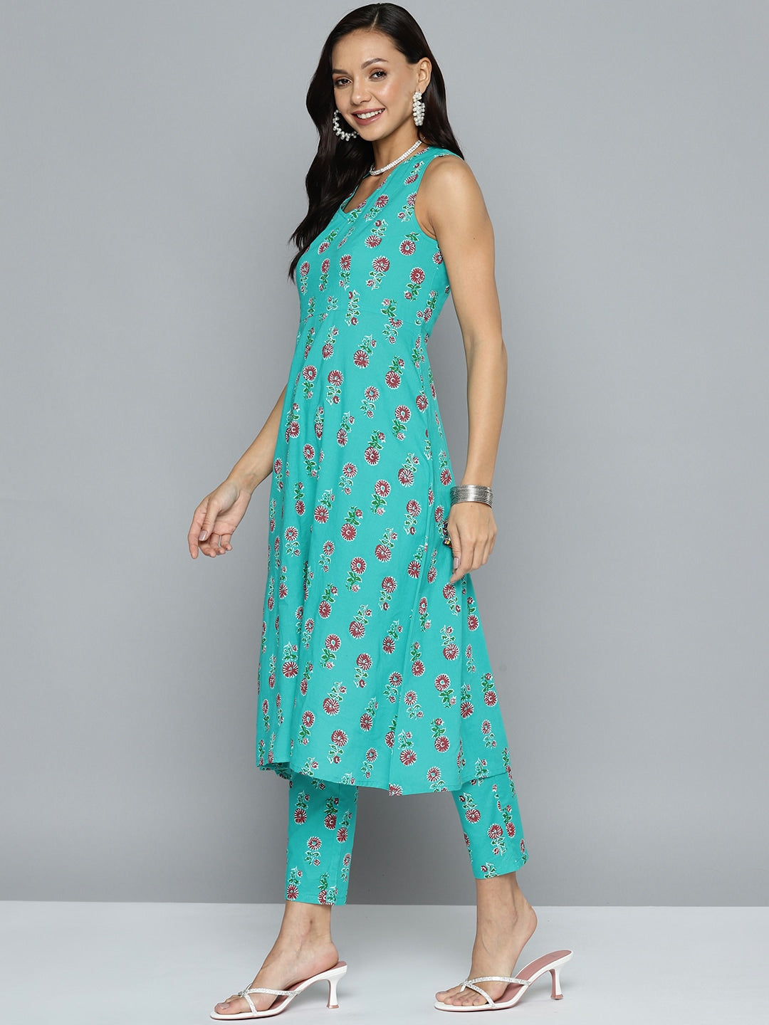 HERE&NOW Floral Printed Pure Cotton Kurta with Trousers