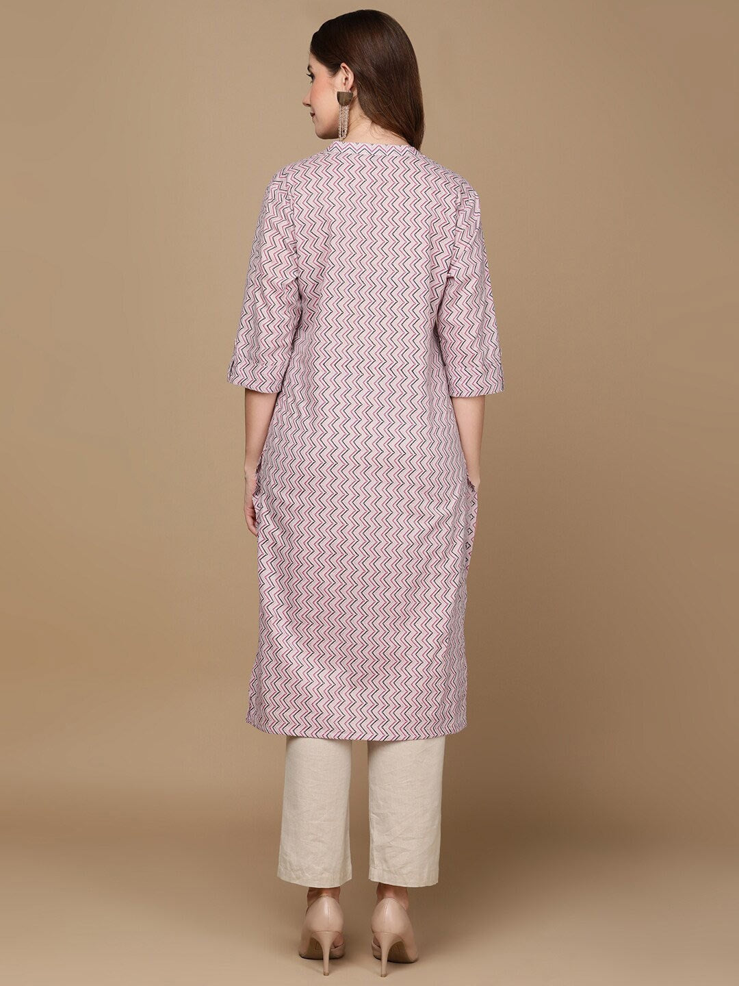 HERE&NOW Pink & Brown Chevron Printed Sequined Pure Cotton Kurta