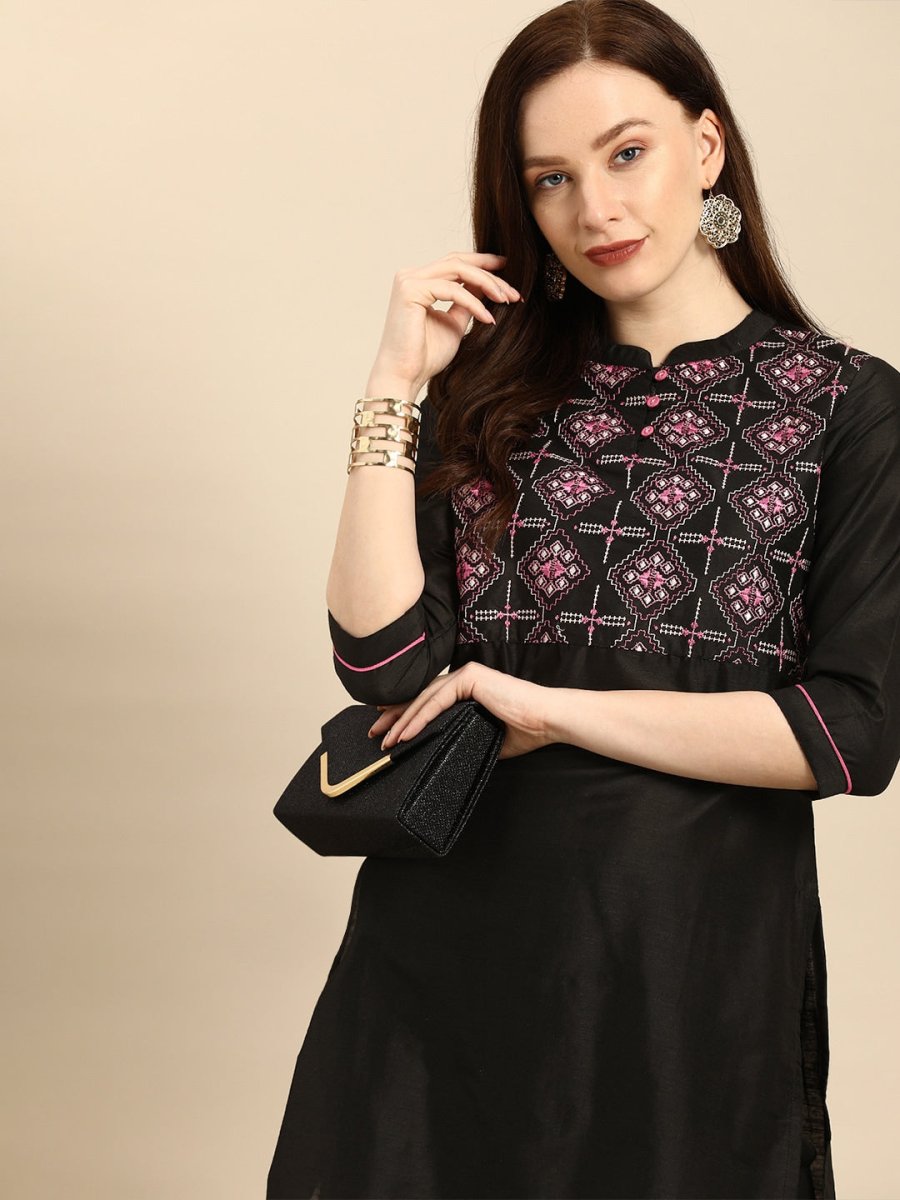 All About You Women Black Embroidered Kurta with Trousers