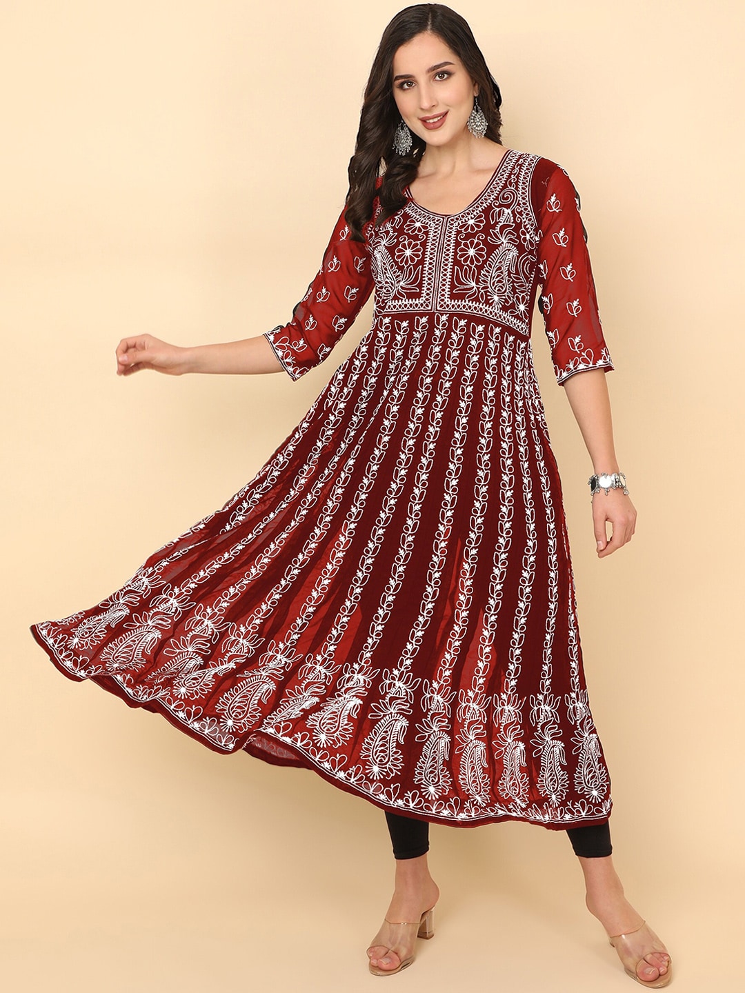 HERE&NOW Scoop Neck Chikankari Embroidered Thread Work Georgette Anarkali Kurta
