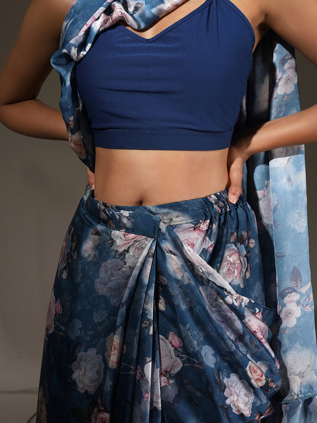 Tikhi Imli Blue Floral Printed Satin Ruffles Saree