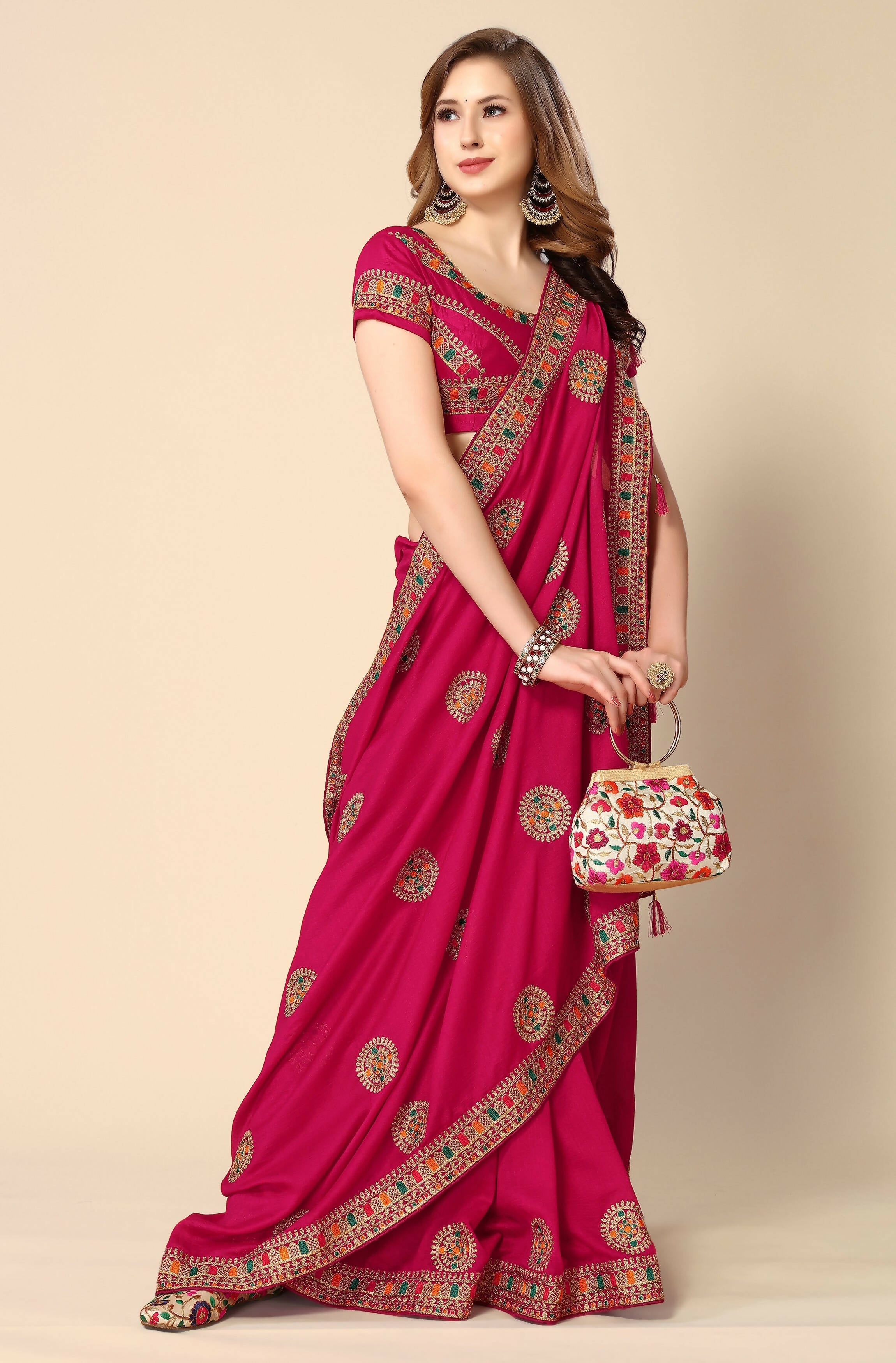 Pink Chinon Embroidered Saree with Unstitched Blouse Piece - Roozal