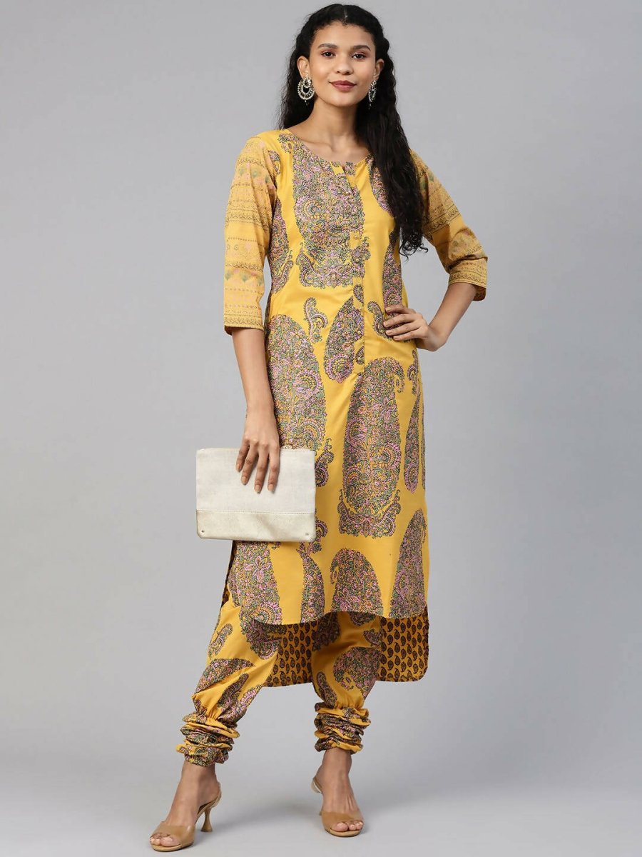 Ahalyaa Women Mustard Crepe Printed Kurta Churidar Set