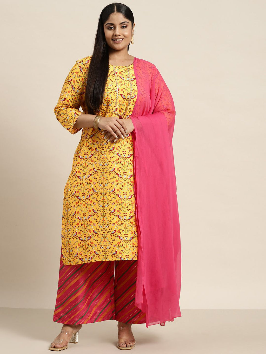 Sztori Plus Size Ethnic Motifs Printed Kurta with Palazzos & Dupatta