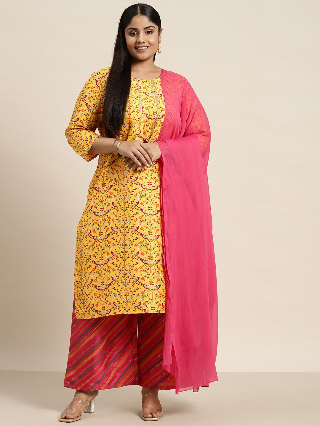 Sztori Plus Size Ethnic Motifs Printed Kurta with Palazzos & Dupatta