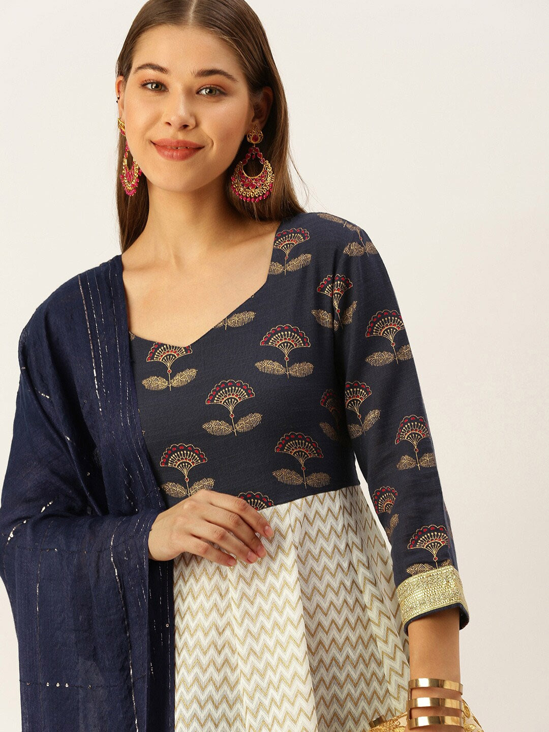 HERE&NOW Women Blue & Cream-Coloured Ethnic Motifs Printed Anarkali Kurta With Dupatta