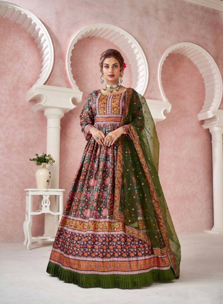 Everywhere Designer Mahendi Dola Silk Gown With Dupatta - Anbazaar