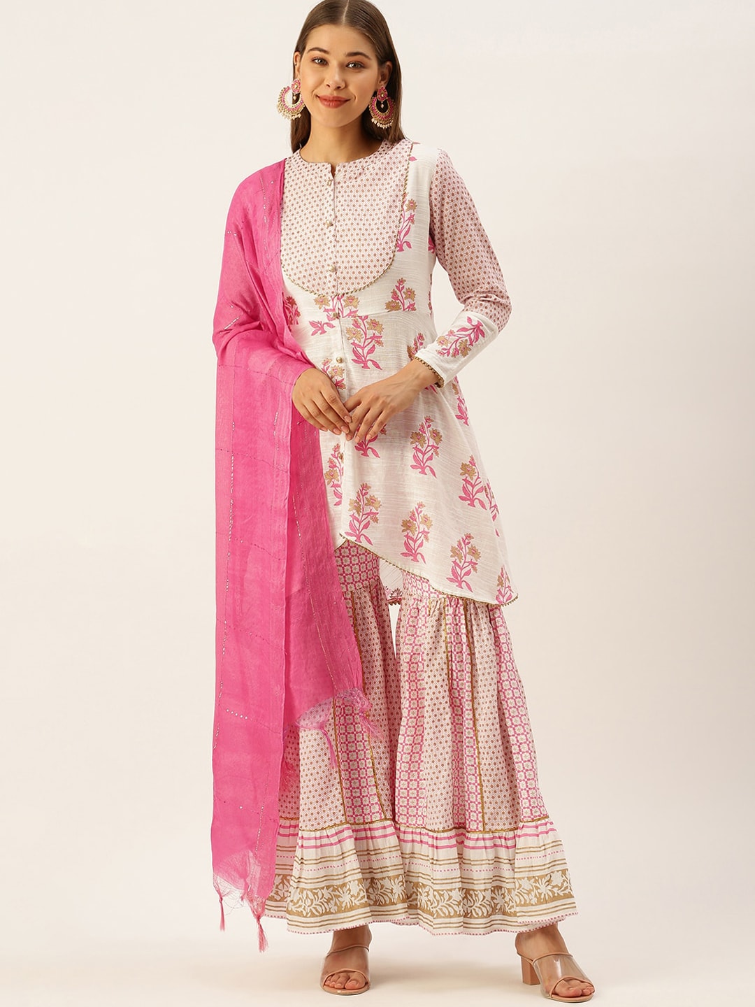 HERE&NOW Women White Floral Printed Kurta with Sharara With Dupatta