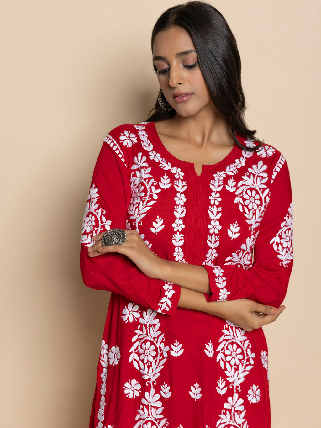 HOUSE OF KARI Floral Embroidered Chikankari Cotton A-Line Kurta