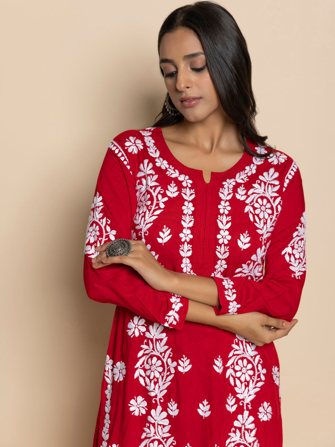 HOUSE OF KARI Floral Embroidered Chikankari Cotton A-Line Kurta