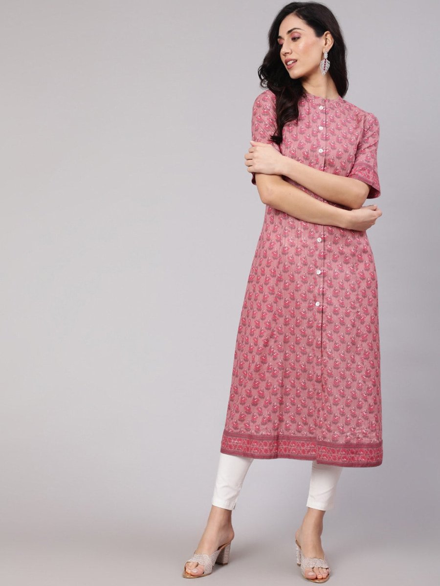 Aks Floral Printed Mandarin Collar A-line Kurta