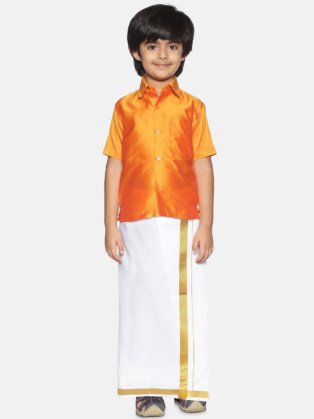 Sethukrishna Boys Orange & White Solid Shirt and Veshti Set