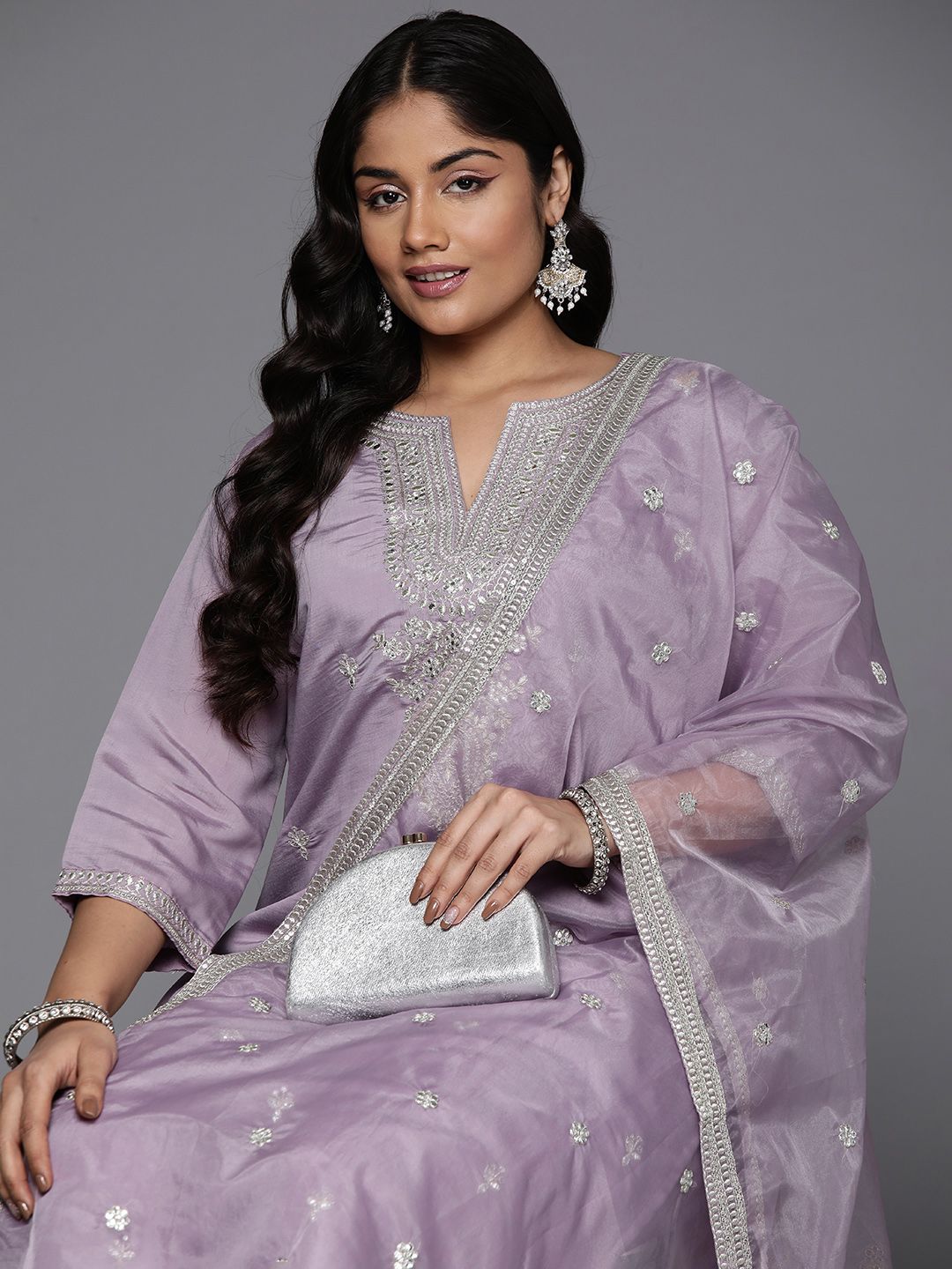Indo Era Plus Size Embroidered Regular Sequinned Kurta with Trousers & With Dupatta