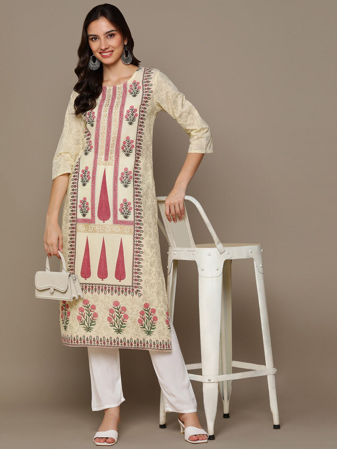 HERE&NOW Cream-Color & Pink Floral Printed Straight Kurta