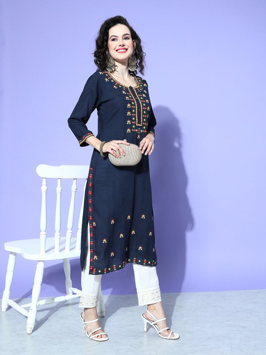 All About You Women Blue Embroidered Regular Mirror Work Liva Kurta with Trousers