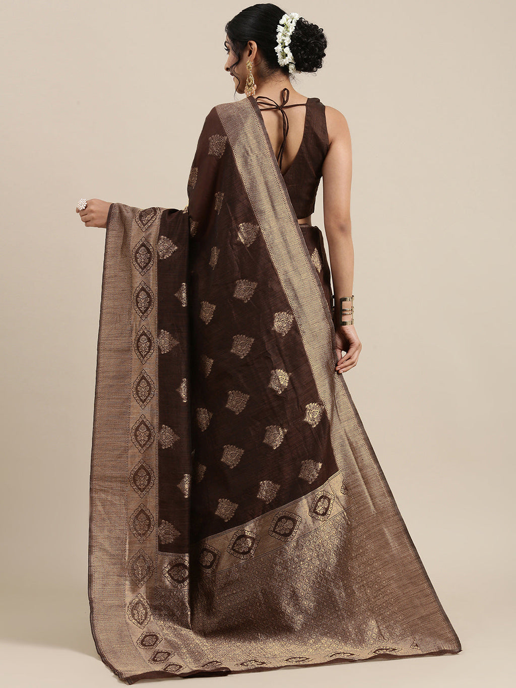 Saree Mall Brown Ethnic Motifs Linen Blend Banarasi Saree