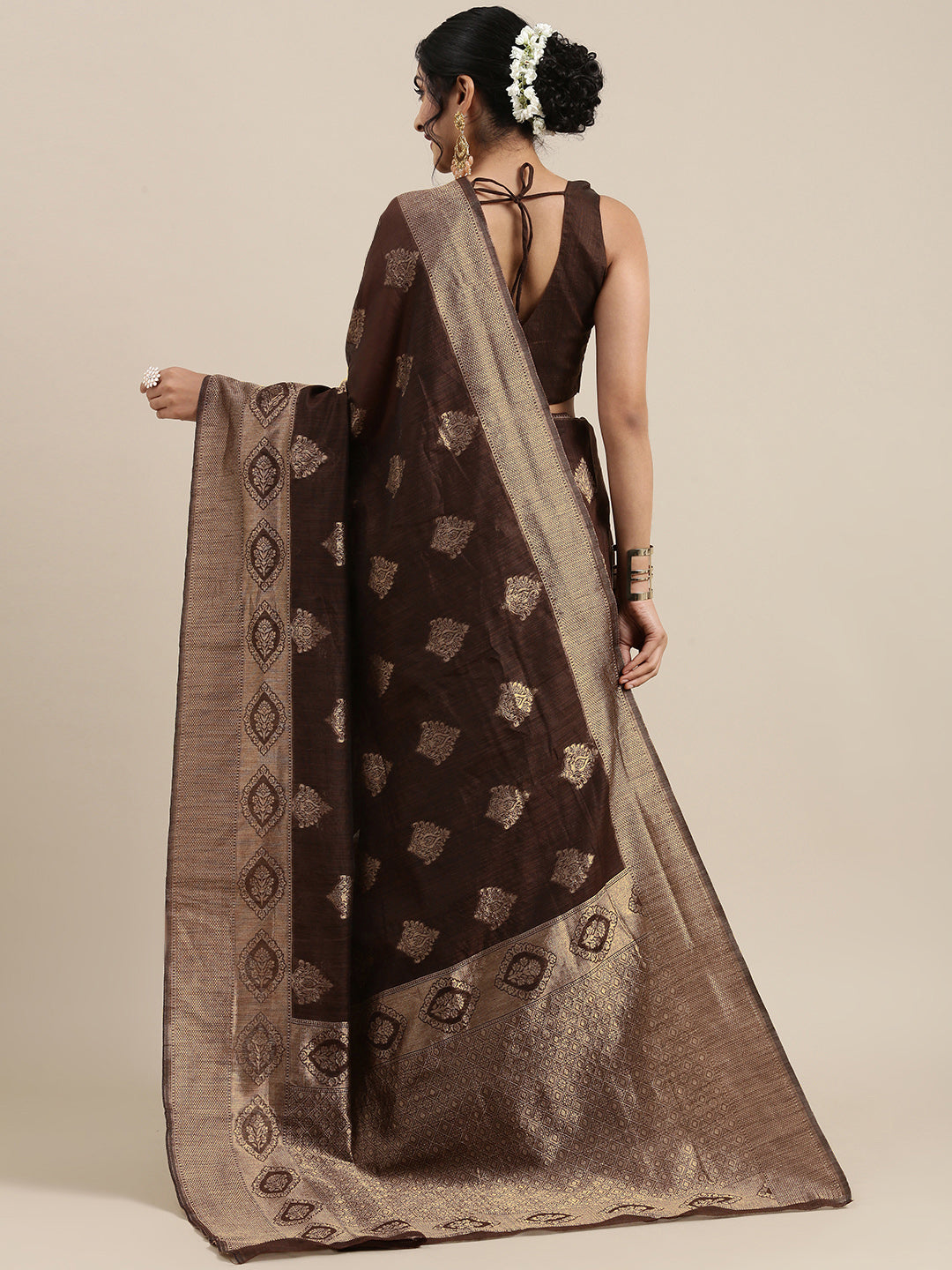 Saree Mall Brown Ethnic Motifs Linen Blend Banarasi Saree