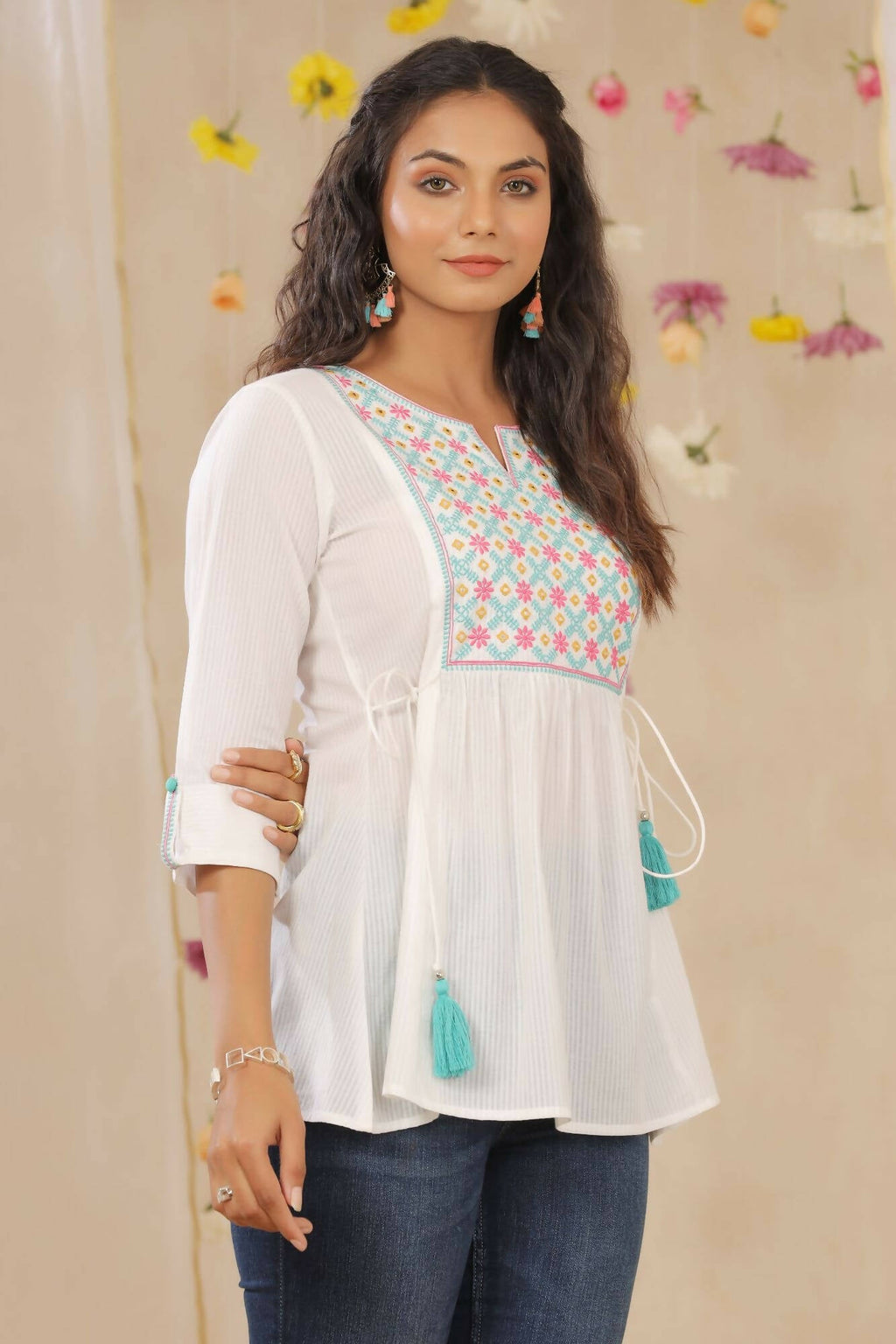 Juniper Women White Cotton Dobby Embroidered A-Line Tunic