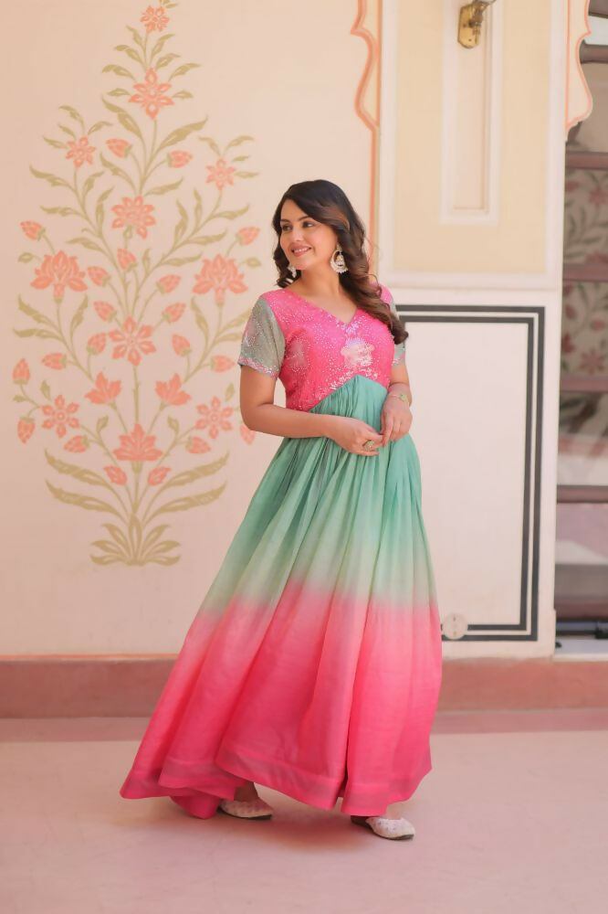 Vastranavya Pink Gold Crush Padding With Beads Embroidered Work Gown