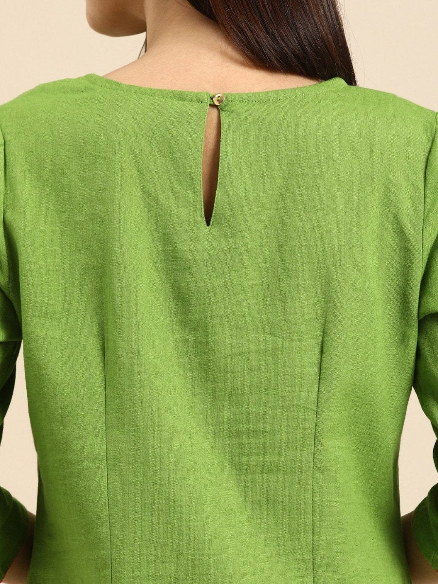 All About You Women Green & Pink Ethnic Motifs Yoke Design Thread Work Pure Cotton Kurta