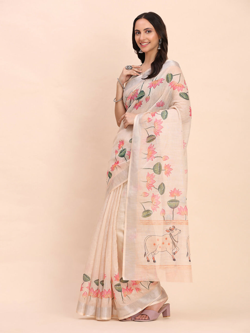 Shree Shyam Fashion Linen Cotton Peach Saree
