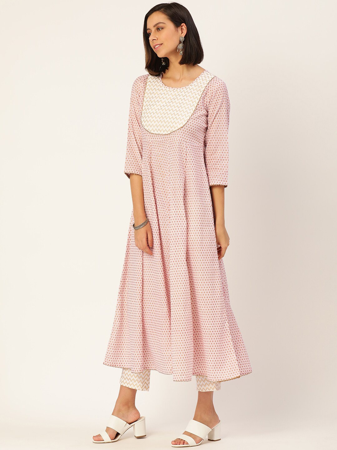 HERE&NOW Women Cream-Coloured Pleated Kurti with Trousers & With Dupatta