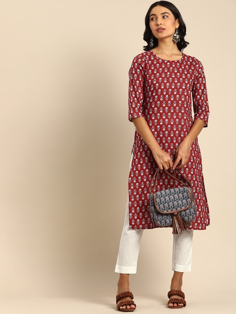 All About You Women Maroon Printed Pure Cotton Kurta with Trousers