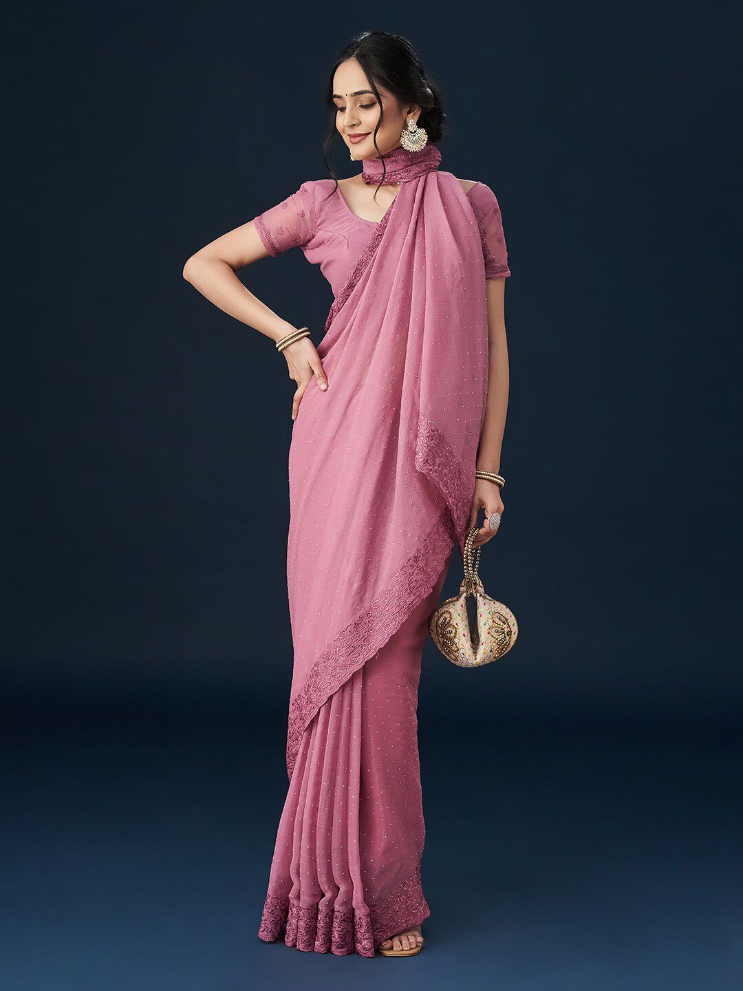 kasee Embroidered Beads and Stones Border Saree