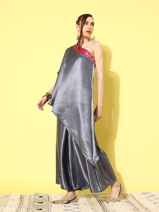 InWeave Women's Grey Pink Brocade Satin Oneshoulder Kurta Set