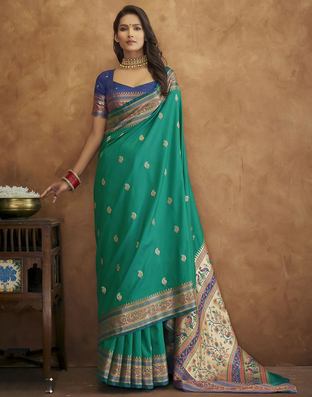 Vastranavya Turquoise Soft Paithani Silk Saree With Gold Zari Weaving Motifs With Matching Blouse Fabric
