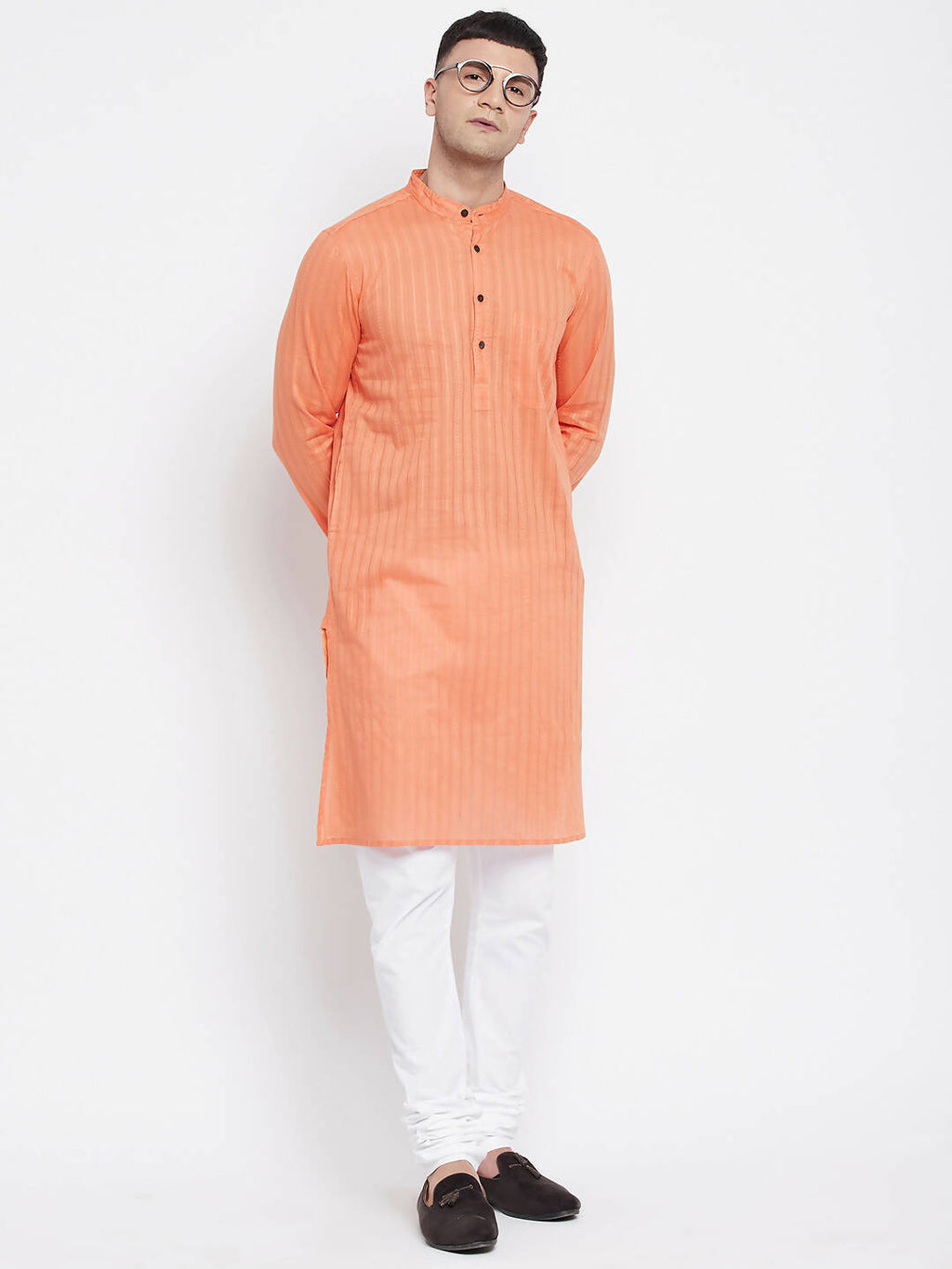 Even Apparels Orange Color Pure Cotton Men's Kurta With Band Collar