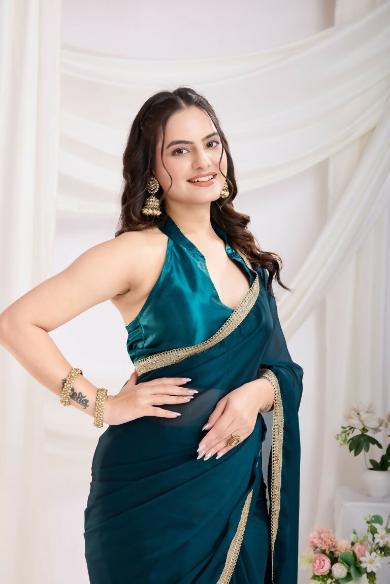 Teal Blue Rangoli Silk Solid, Lace Border Ready To Wear Saree - Kashvi