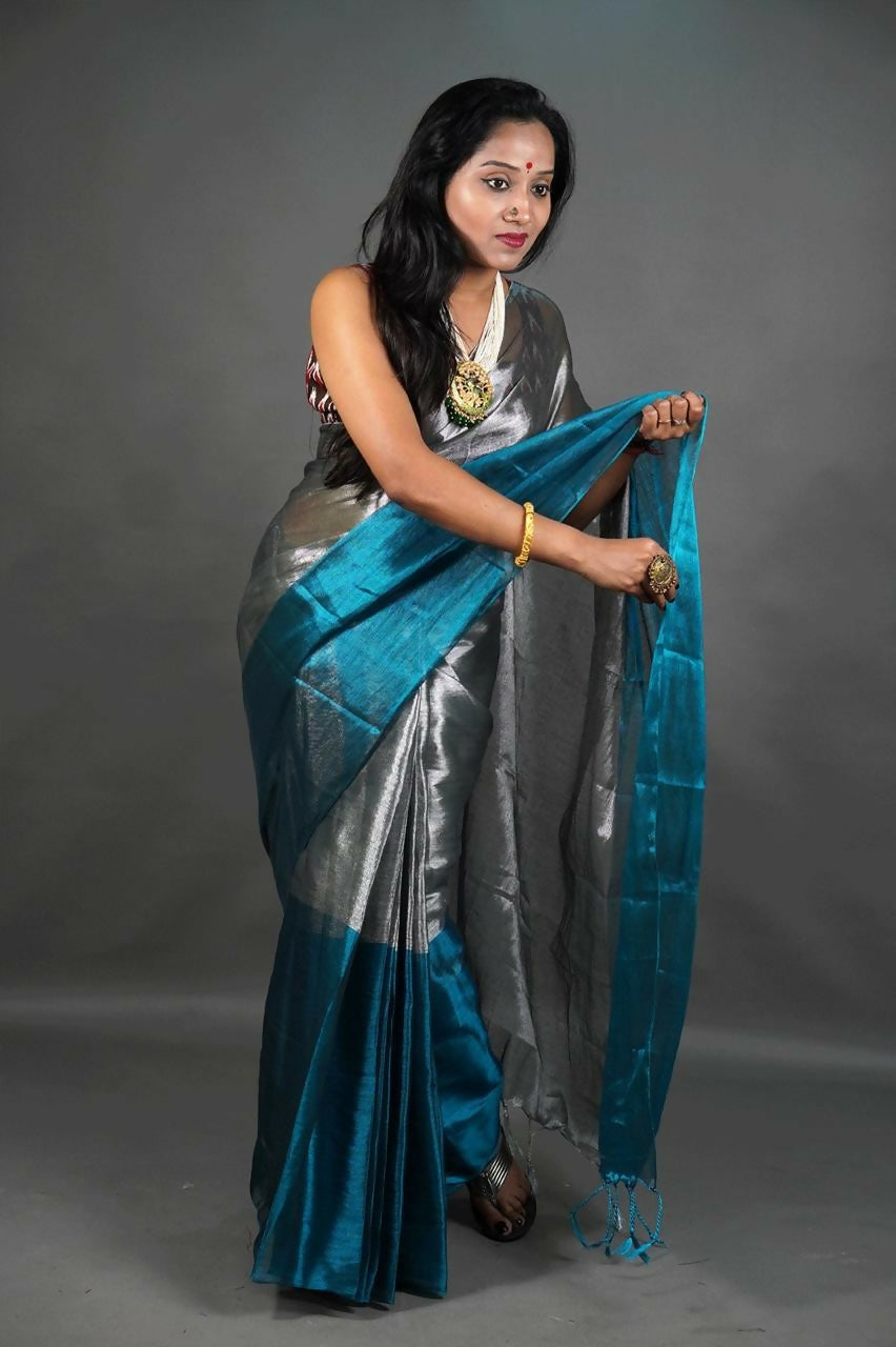 Exclusive Collection Beautiful Gray Green Tissue Silk Hand Weaving Handloom Saree With Running Blouse Piece