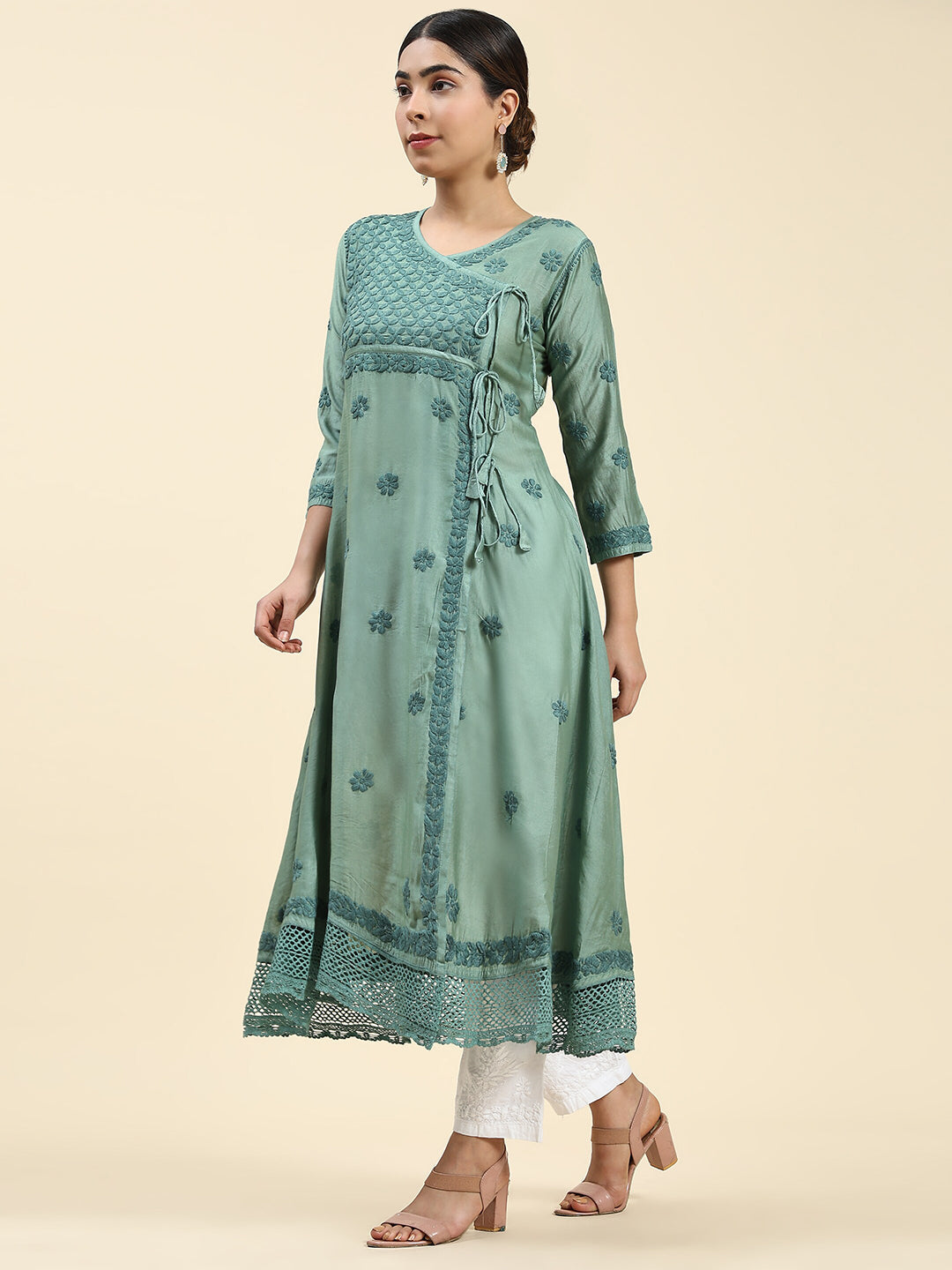 HOUSE OF KARI Embroidered Chikankari Chanderi Silk Anarkali Kurta