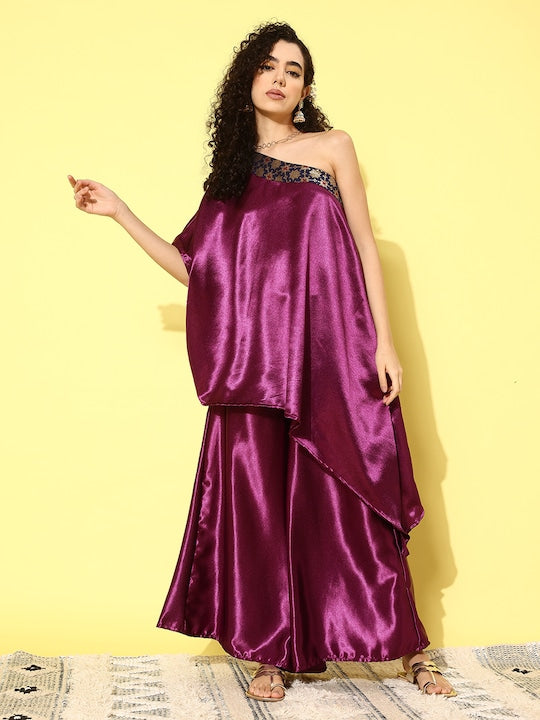 InWeave Women's Wine Navy Brocade Satin Oneshoulder Kurta Set