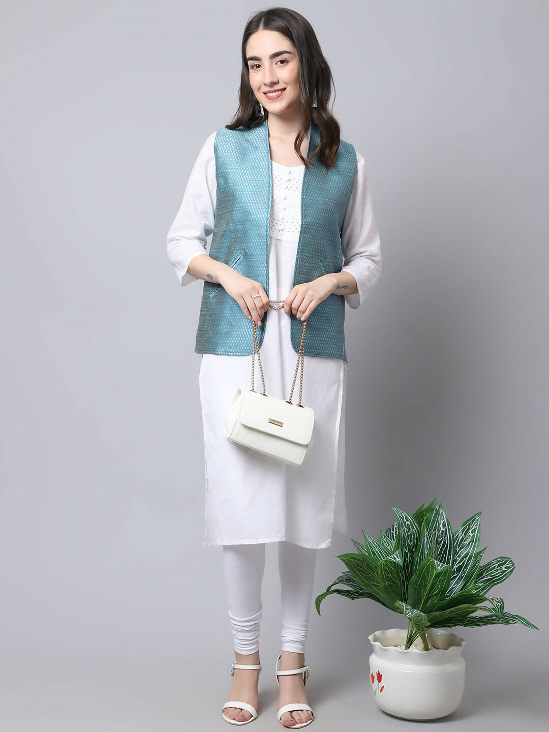 Even Apparels Blue Bansari Silk Open Front Gillet