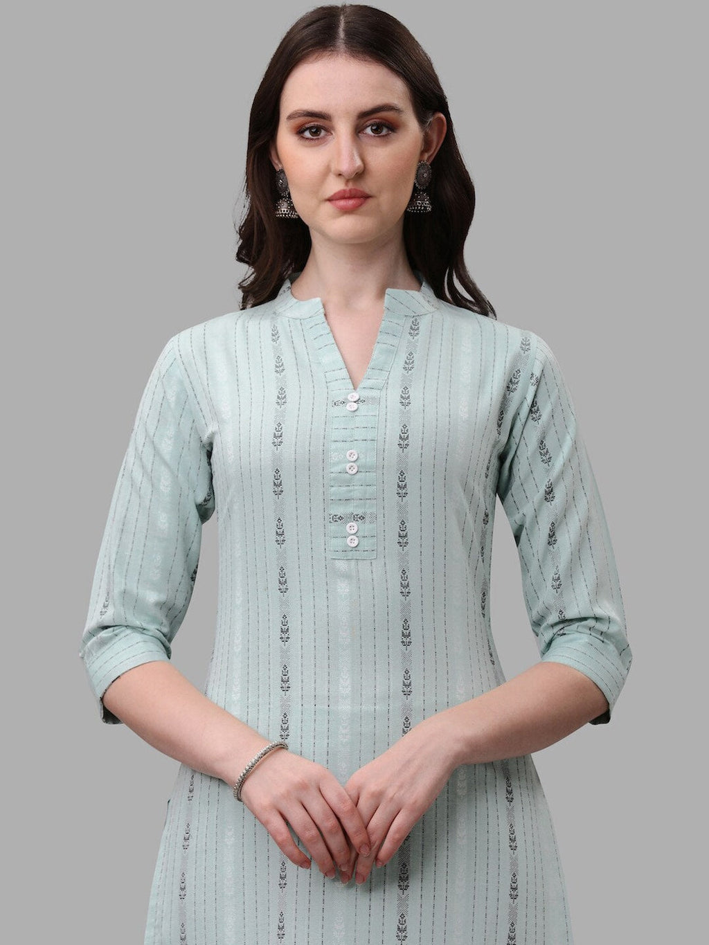 HERE&NOW Turquoise Blue Striped Regular Pure Cotton Kurta With Trousers & Dupatta