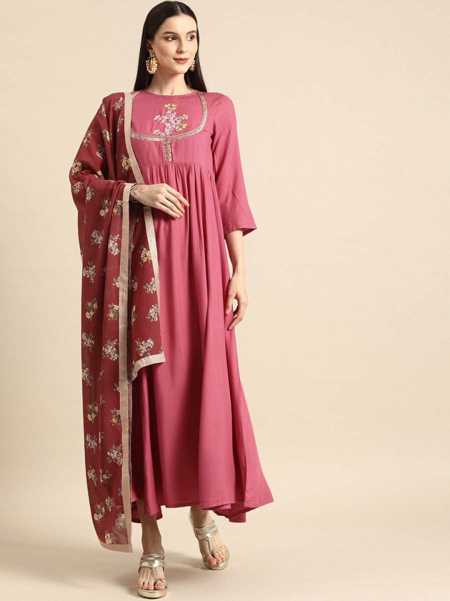 All About You Women Rust Pink Ethnic Motifs Yoke Design Thread Work Kurta with Dupatta