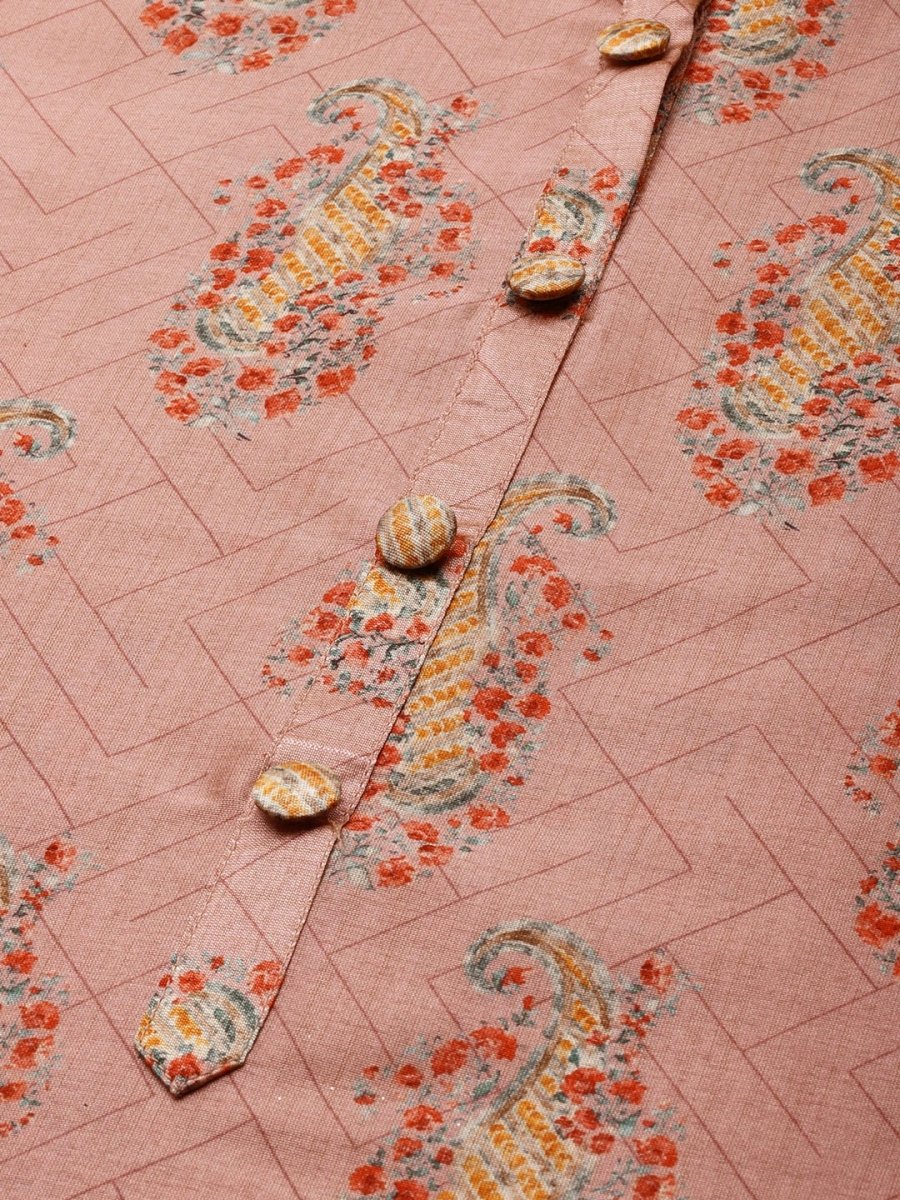 All About You Women Pink Paisley Print Mandarin Collar Pastels Chanderi Silk Blend Kurta