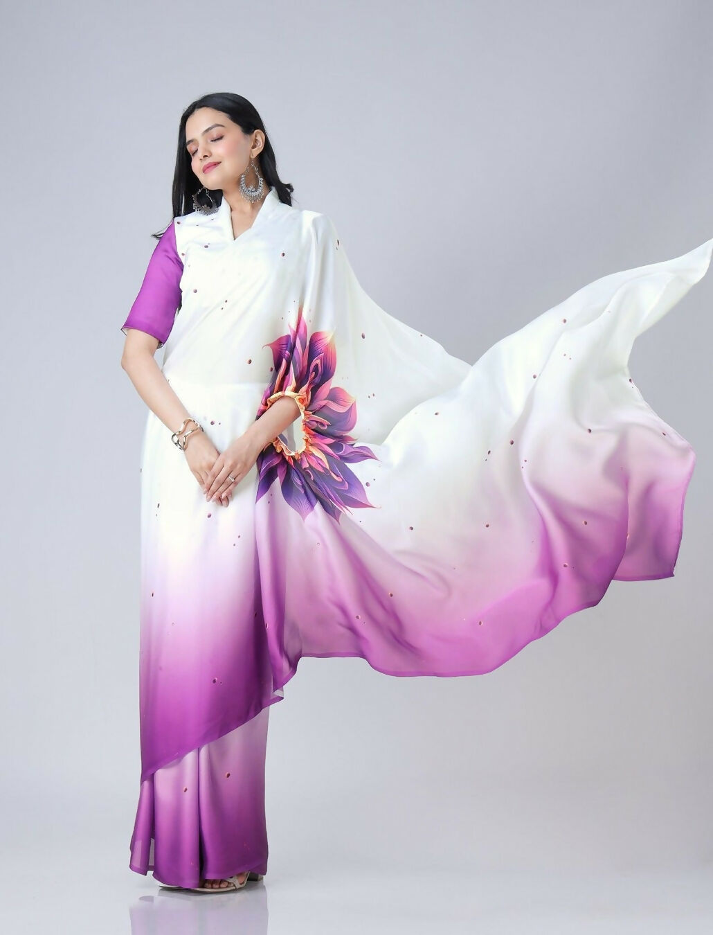 Vastranavya Purple & White Ready to Wear Floral Print Free Hand Saree