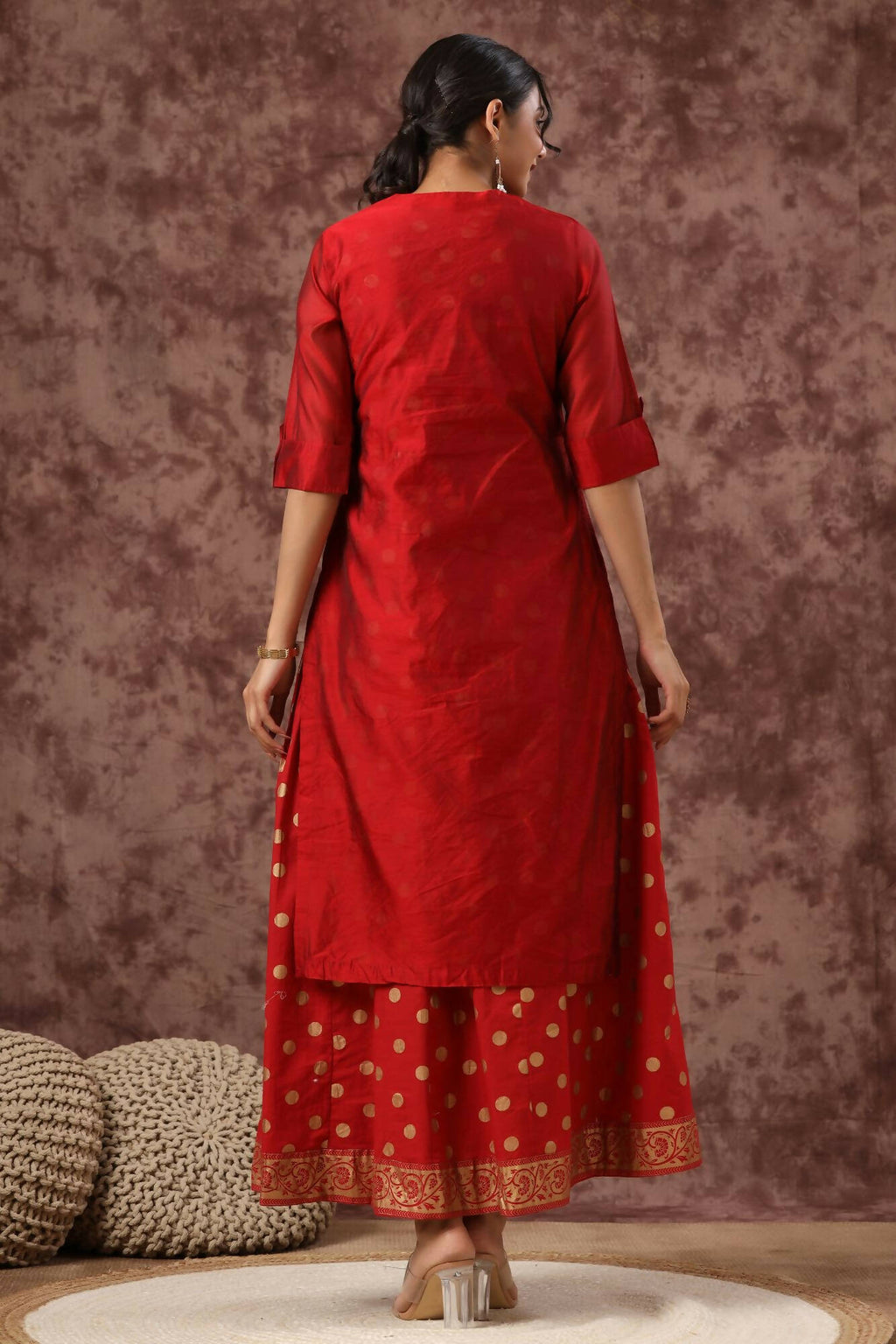 Juniper Women Maroon Chanderi Silk Embroidered & Printed Layered Dress