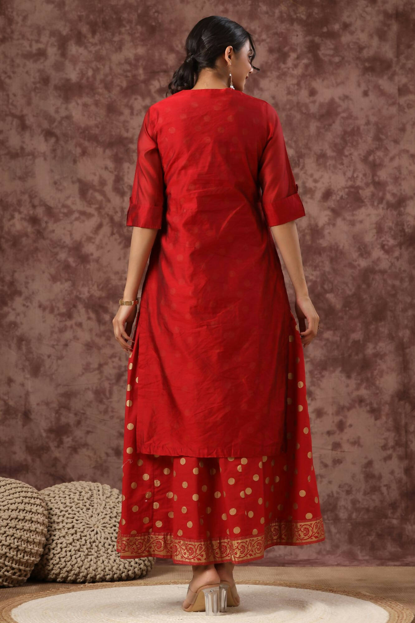 Juniper Women Maroon Chanderi Silk Embroidered & Printed Layered Dress